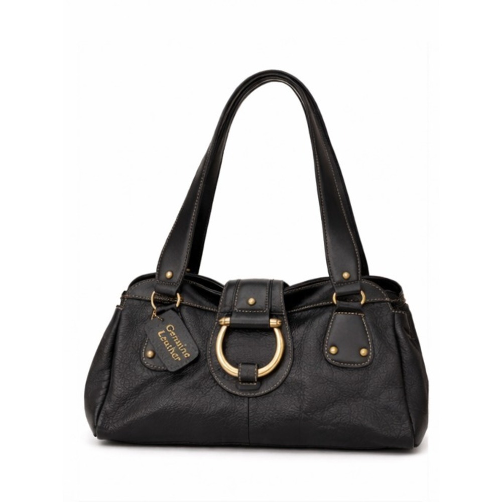Unbranded‎ Womens Double Handle Brass Closure Satchel Black Genuine Leather